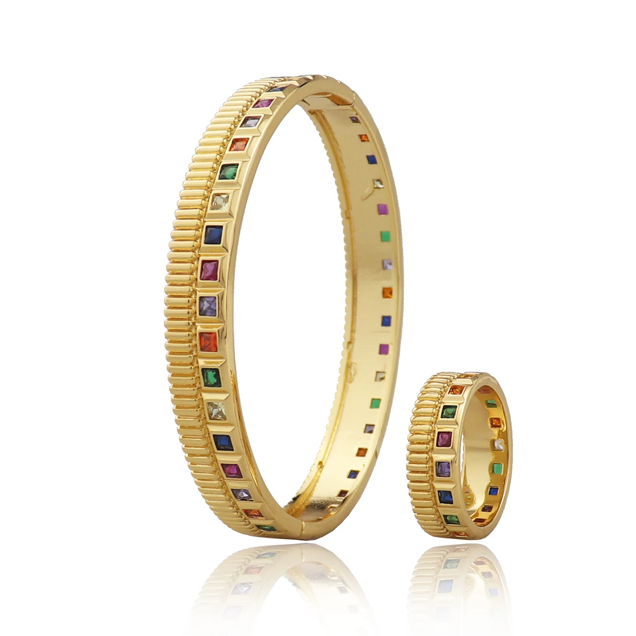 

Fashion classic square color Zircon Bracelet with ring copper plated jewelry set wedding birthday girl gift B1470