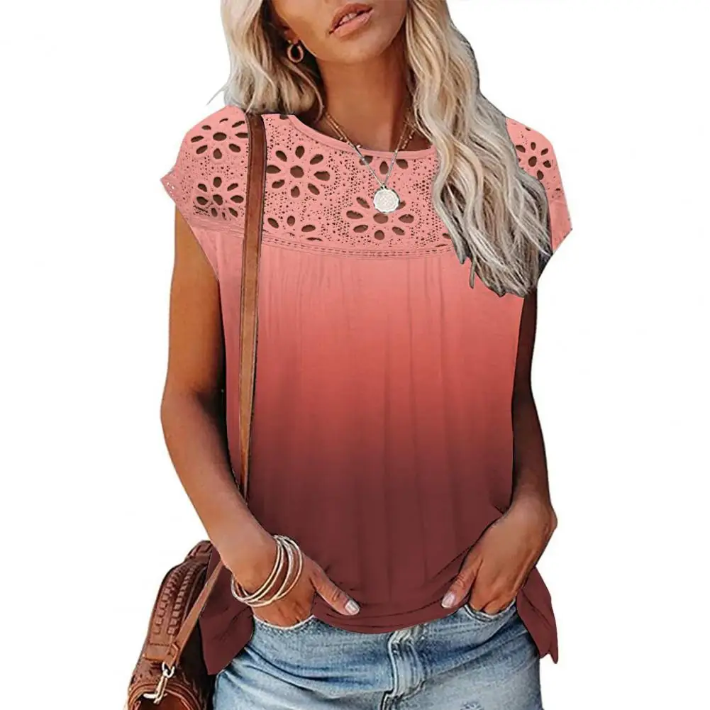 

Summer T-shirt Lace Stitching Hollow Out Round Neck Short Sleeves Mid Length Dating Flower Print Casual Commute Women Shirt