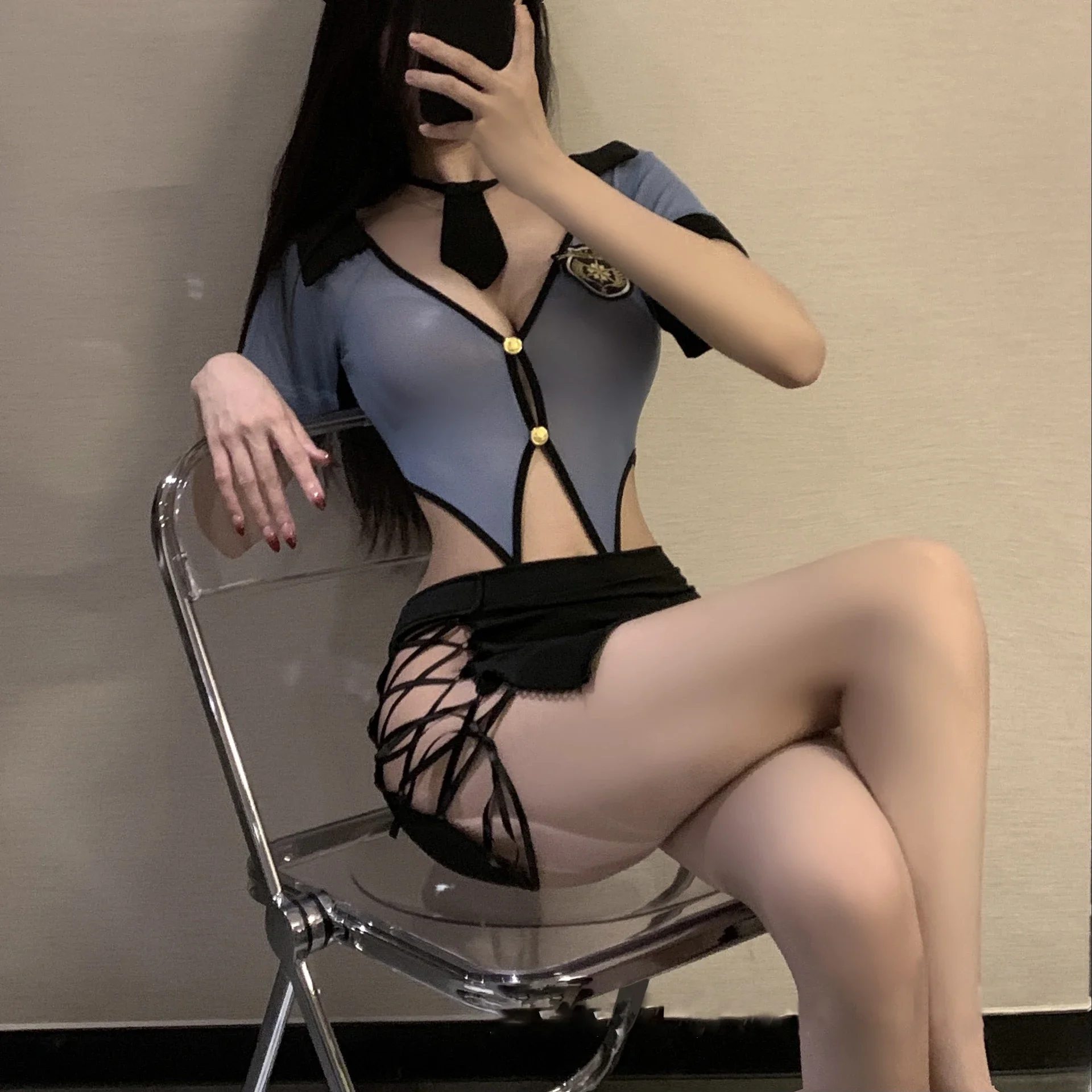 

Female Police Uniform Sexy Lingerie Clubwear Party Cosplay Costume One Piece Suit V-neck Hollow Out Secretary Miniskirt Jumpsuit