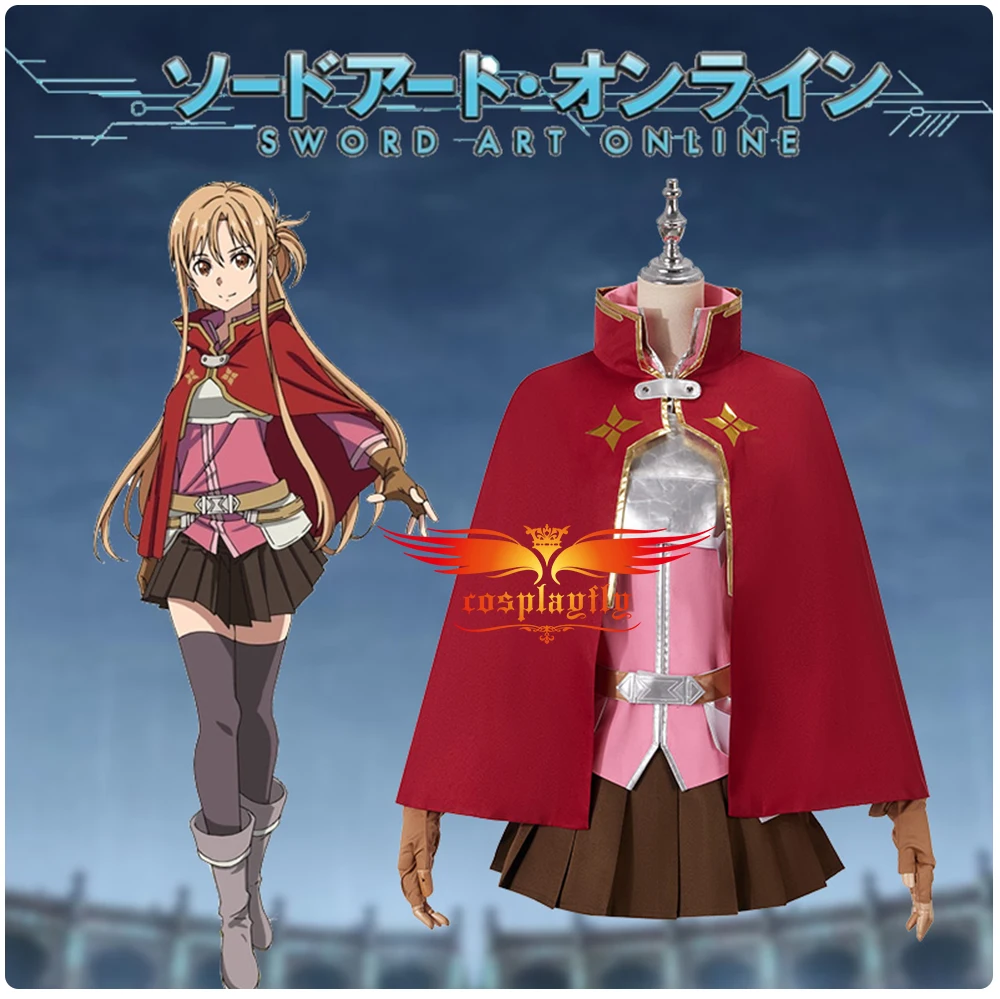 

Anime SAO Sword Art Online Asuna Yuuki Cosplay Costume for Adult Women Outfits Pink Top Skirt Accessories Red Cloak Halloween