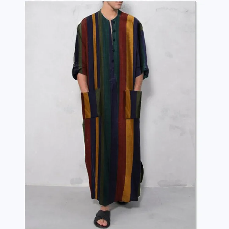 Muslim Southeast Asian new men's loose stripes standing collar door long -sleeved robe national style Middle East robe