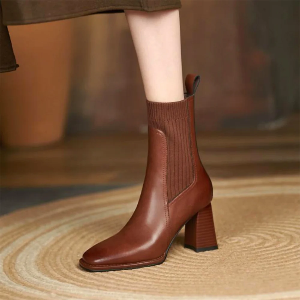 Solid Color Nude Boots Women Square Head Spring and Autumn New Slim Knitted High-heeled Slip-on Comfortable Women's Boots