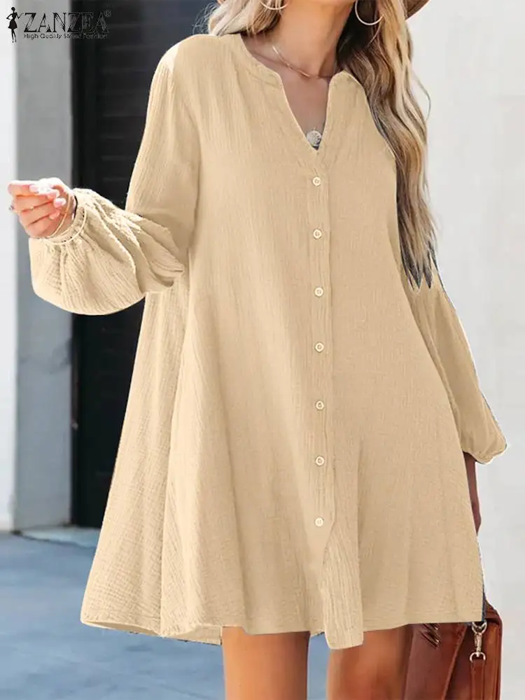 

Повседневное однотонное мини-платье ZANZEA, модные женские праздничные платья-рубашки на пуговицах с V-образным вырезом и рукавами-фонариками, весенний кафтан, сарафан