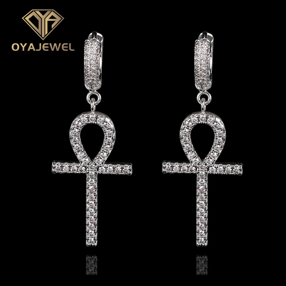 

OYAJEWL Fashion AAA+ Zircon Cross Drop Hoop Earrings Hip Hop Rock Style Ear Buckle Pendant Jewelry Women Men Gift Accessories