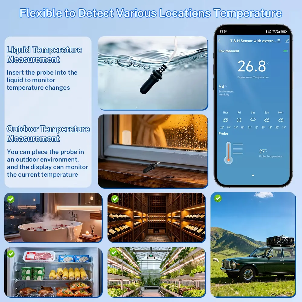 Фото Датчик температуры и влажности Tuya Zigbee WiFi с внешним датчиком, совместимый с умным домом, Smart Life, Google Home, Alexa №4