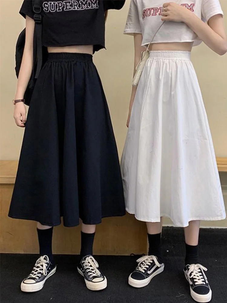 

2023 Skirts Women Simple Solid Leisure Loose 2XL Long Skirt Korean Style Elastic-Weight A-line Student Streetwear Trendy BF