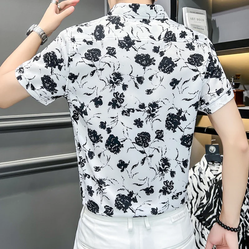 Vintage Flower Shirts Men Summer Short Sleeve Slim Casual Shirt Business Formal Dress Shirts Social Tuxedo Blouse Men Clothing