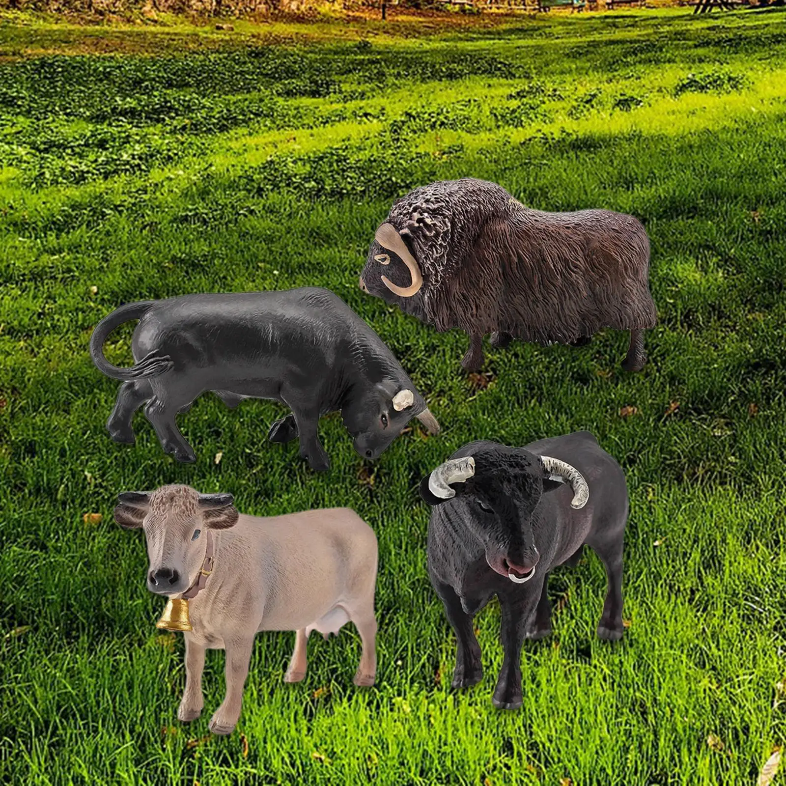 

Мини фигурки реалистичных экшн-фигурок, 4 шт., модели бычьих бизон, ранчо, набор коров, имитация твердых диких животных, модель для малышей