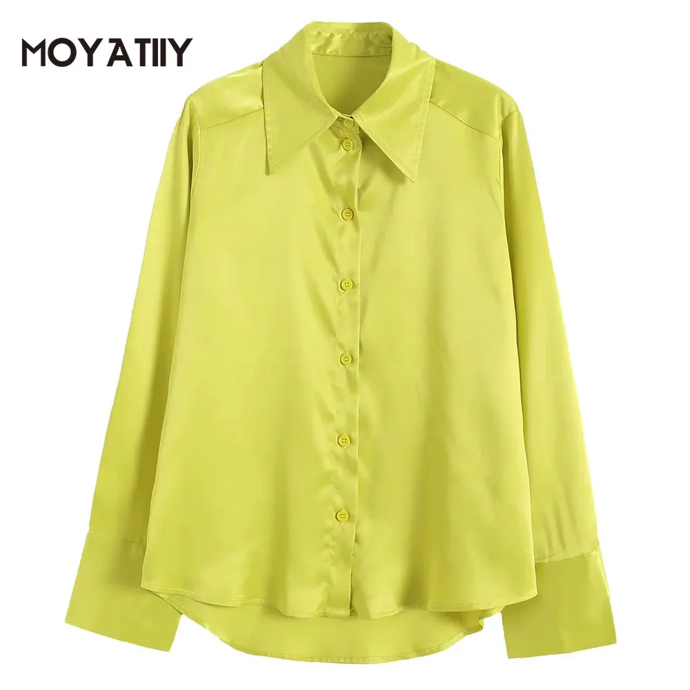 

MOYATIIY Women 2022 Fashion Satin Shirts Vintage Asymmetric Soft Touch Shirts Long Sleeve Female Chic Tops