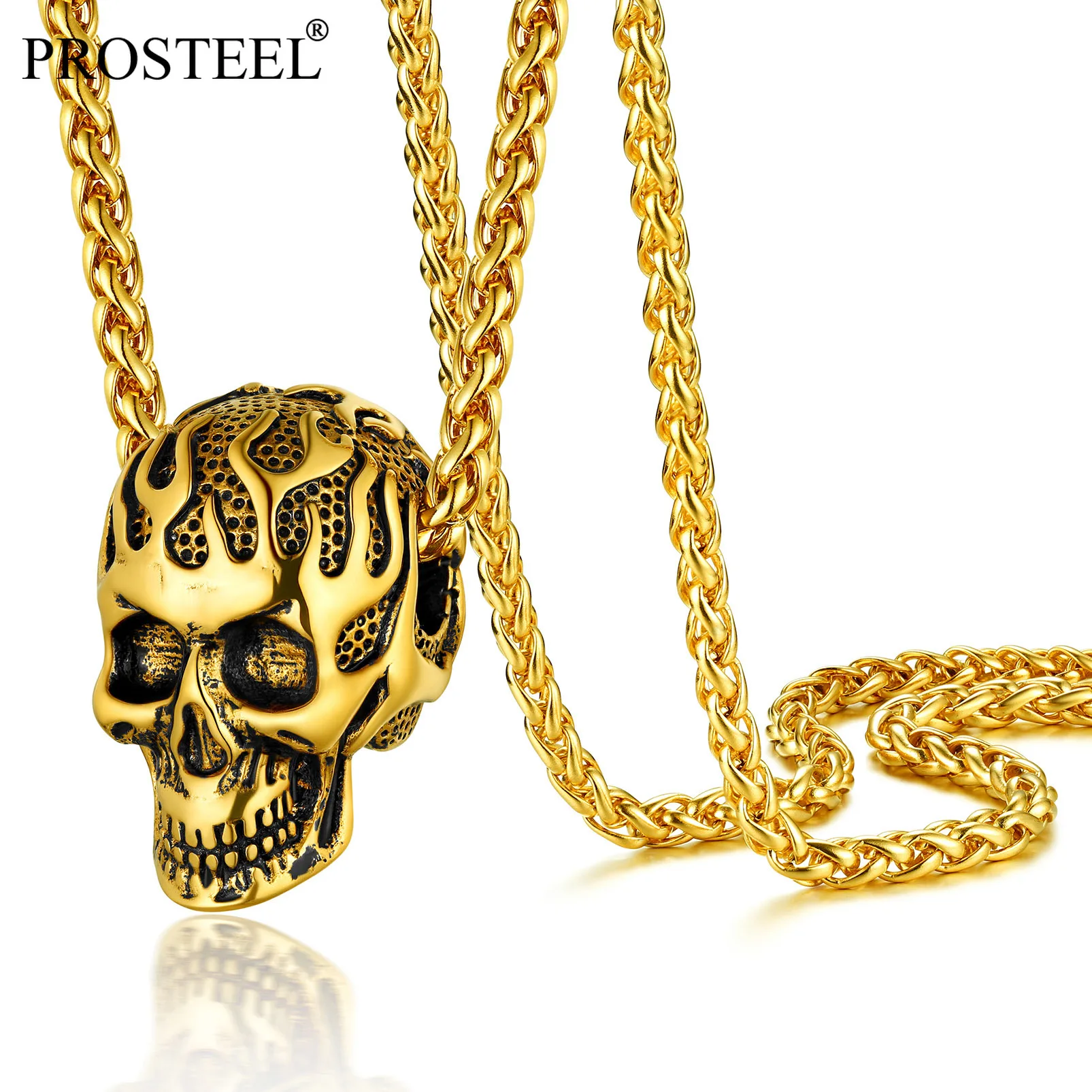 

PROSTEEL Halloween Flame Skull Necklace Cool Chain Pendant Gothic Gifts for Men Teen Boys 18K Gold/Black/Silver Colors PSP40030