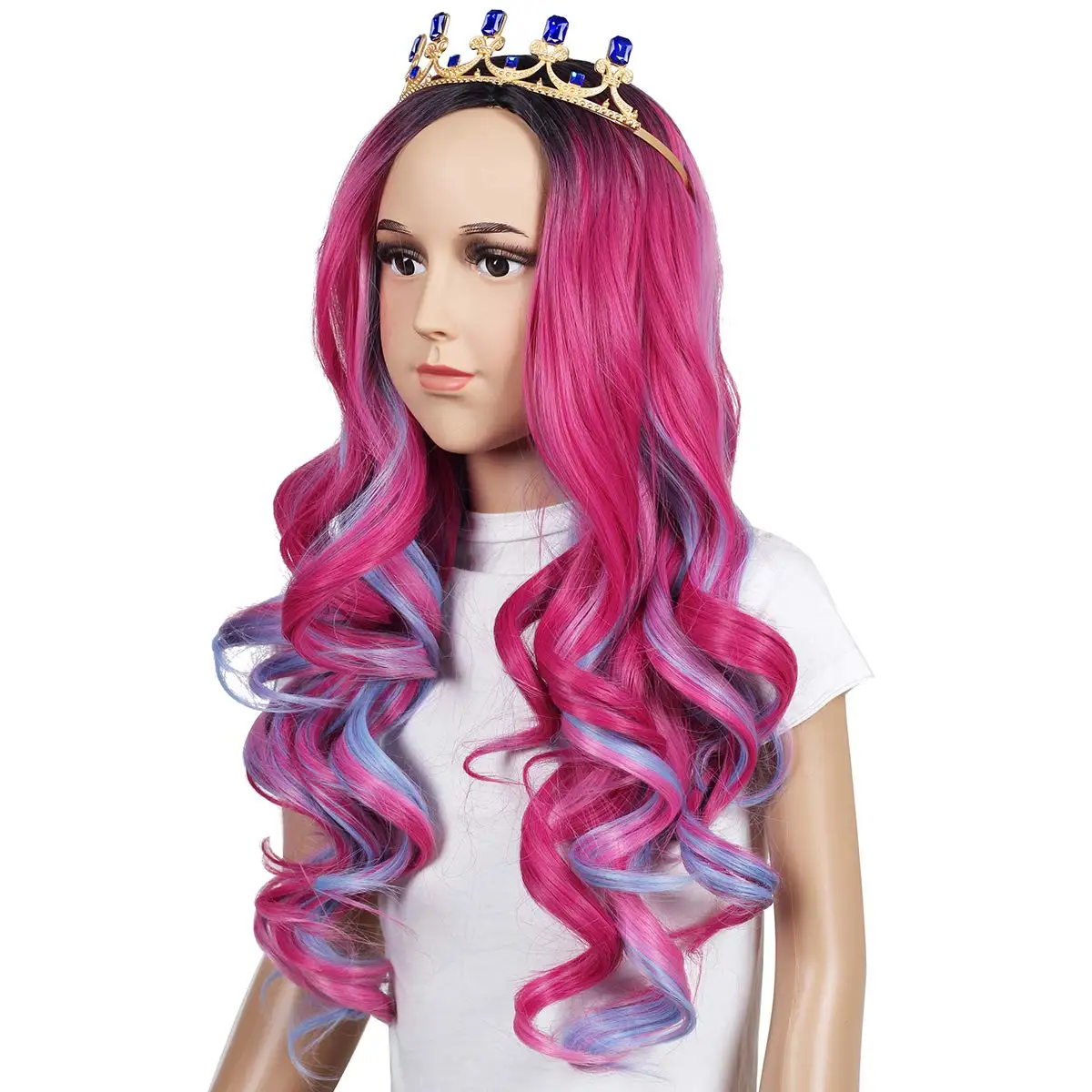 Kyo Kids Long Wavy Pink and Light Blue Mixed Cosplay Wig with Crown for Audrey Descendants 3