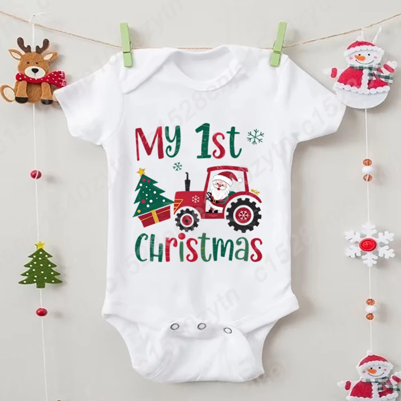 Baby Girls Boys Bodysuit My 1st Christmas Santa Truck Print Romper Short Sleeves Crew Neck For Summer Infant Clothes