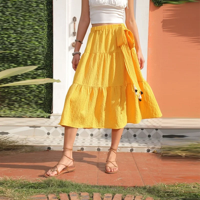 

Женская элегантная юбка Mandylandy Y2K, модная повседневная Летняя эластичная длинная юбка с высокой талией и оборками для отпуска, уличная одежд...