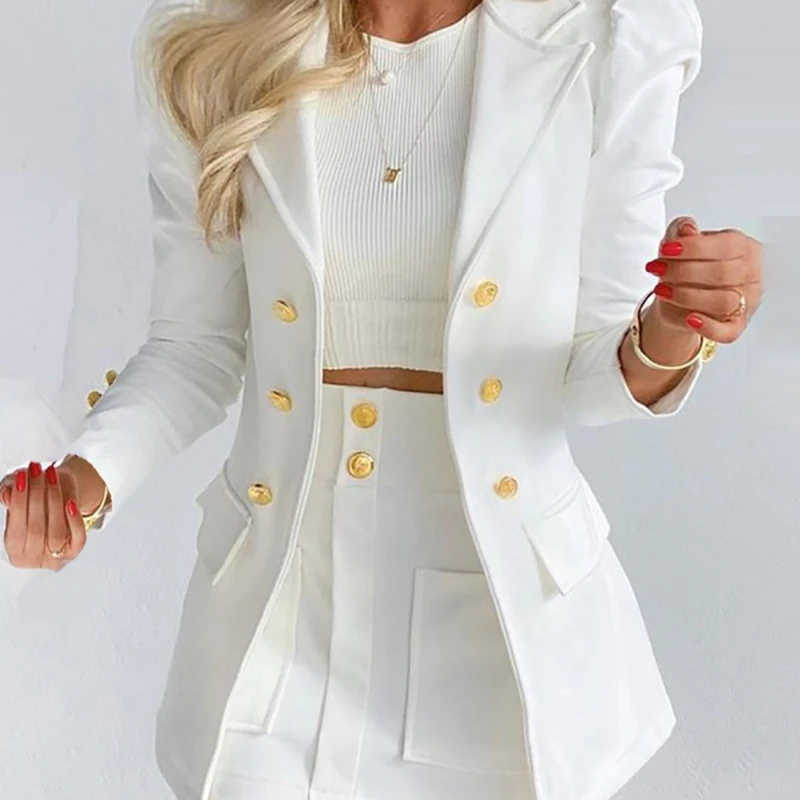 

New Lady Office Solid Color Puff Sleeve Suit High Waist Button Skirt Two-Piece Set Women Spring Fashion Blazer Commute Outfits
