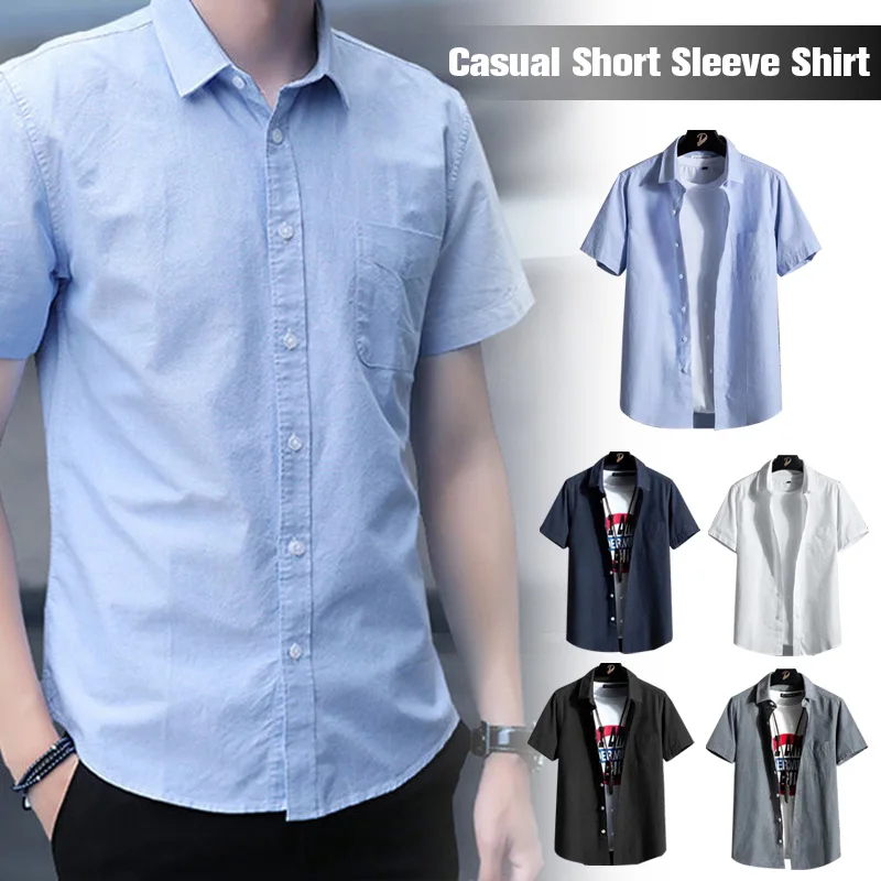 Men Short Sleeve Button Down Shirts Summer Casual Slim Formal Business Work Fit Shirt Blouse Black Tops 3XL