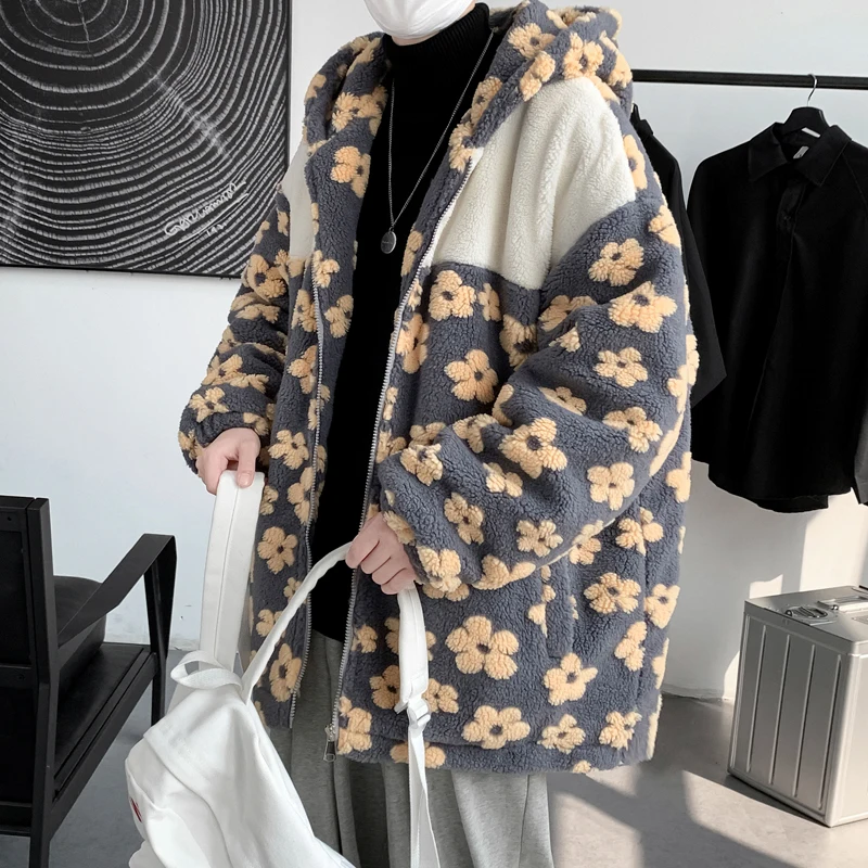 Winter Flower Lamb Hair Jacket Men Warm Fashion Thicken Plush Short Coat Mens Streetwear Loose Thick Cotton Clothes Male S-3XL