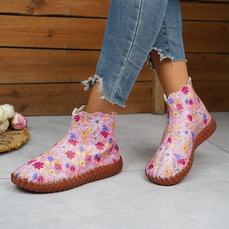 Женские ботинки ручной работы повседневные на плоской подошве с розовым цветком