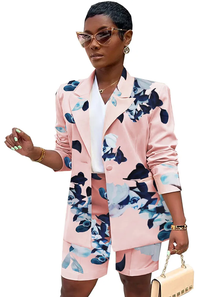 

Szkzk Street Printed Suit Two-Piece Turn-Down Collar Blazer Tops And Shorts High Waist Women Party Casual Office Lady Suits
