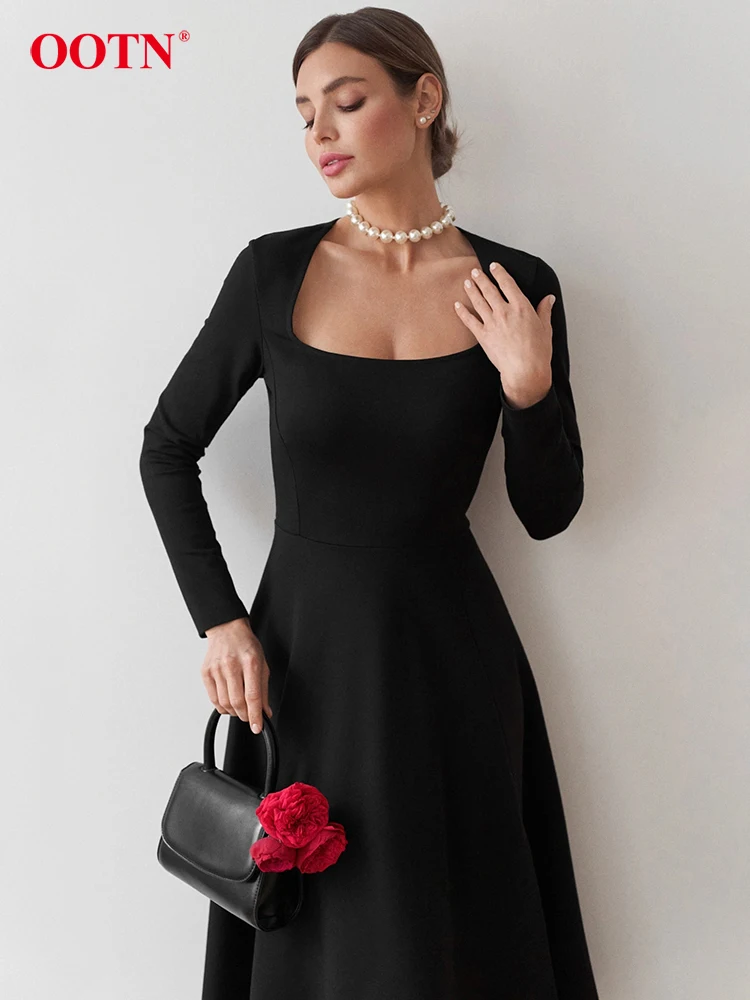 

OOTN Elegant Black Square Collar Long Dress Sexy Zipper Split A Line Dresses 2024 Fashion Solid High Waist Party Dress Winter