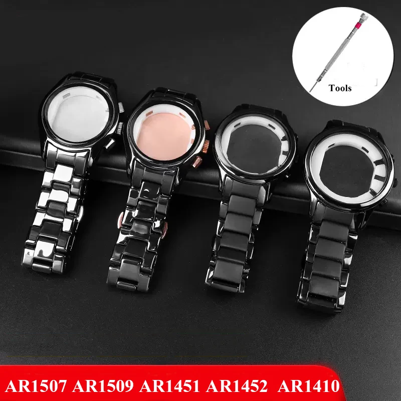 Ceramic Watchband Accessories Strap + Case for Armani  AR1451 AR1452  AR1400 AR1410 AR1507 AR1509  wristband Butterfly button