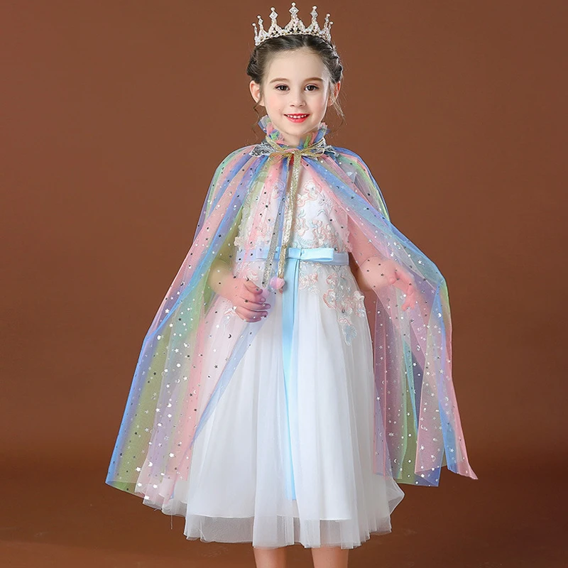 BENLI WHITE Girl Princess Party Costume Drawstring Sequin Tulle Cape Cloaks Halloween Dress Up Mantle for Performance