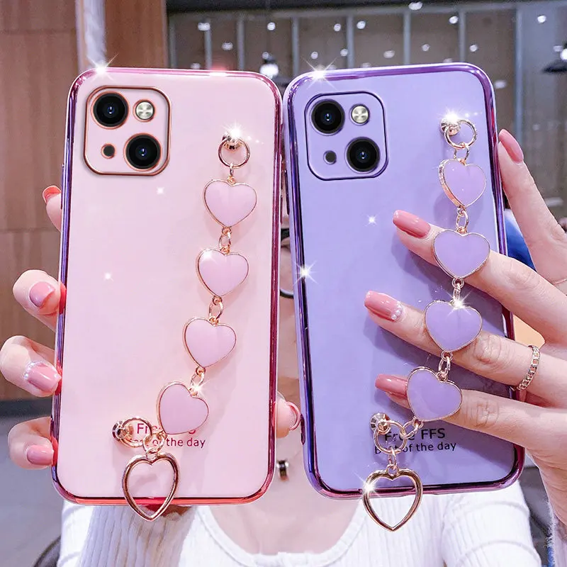 

Luxury Love Heart Phone Case for iPhone 14 13 12 11 Pro Max X XS XR 7 8 14 Plus SE2020 14Pro Wrist Chain Plating Bumper Cover