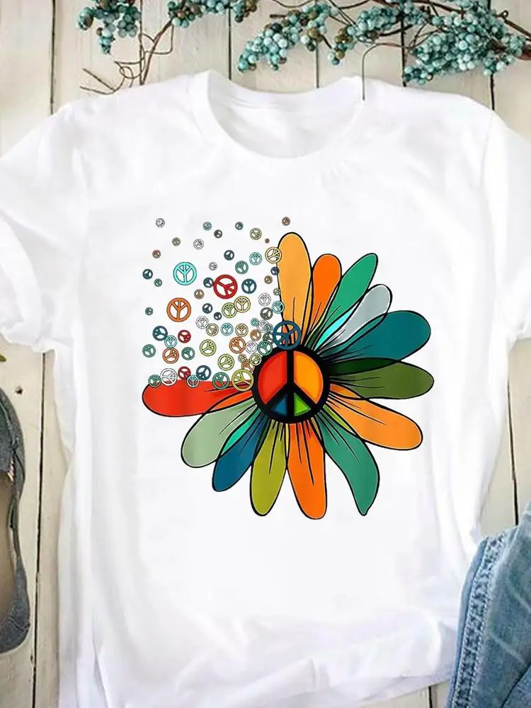 

Peace Flower Cute Fashion Graphic T Shirt Print Clothes Women Clothing Short Sleeve Summer Tee T-shirt Cartoon Female Top