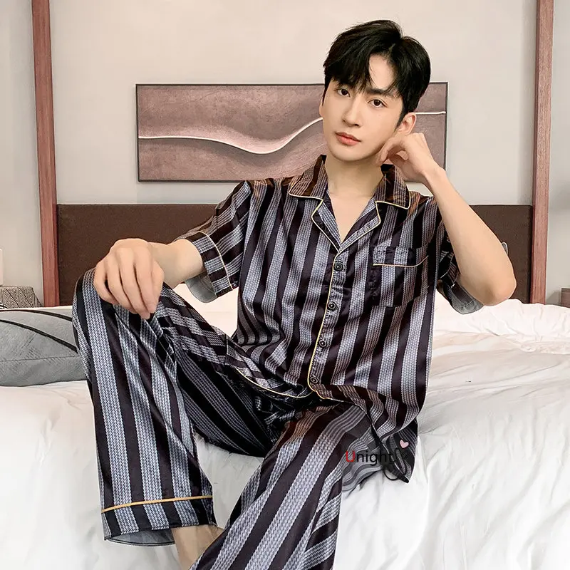 Spring Summer Man Pajama Sets Silk Sleepwear Pajamas for Men Plus Size Home Clothing Pyjamas Suit Home Wear Loungewear Homesuits