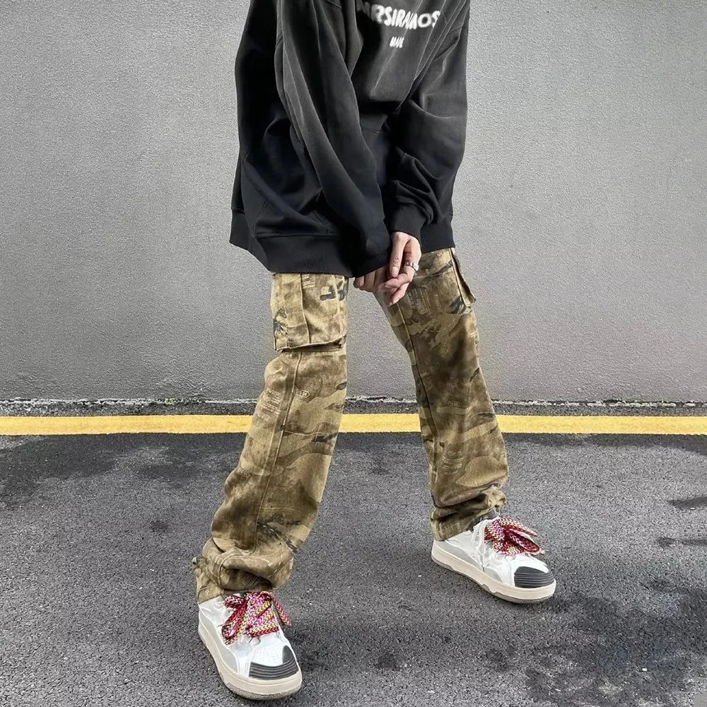American Retro Street Camouflage Denim Trousers 2023 Trendy Brand Men's Old Washed Straight Jeans Niche Design Hiphop Overalls