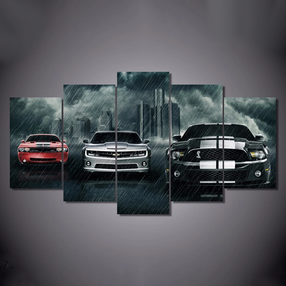 

5Pcs Wall Art Canvas Painting Picture Car Racing Sport Car Wall Art Poster City Thunderstorm Weather HD Wall Painting Home Decor