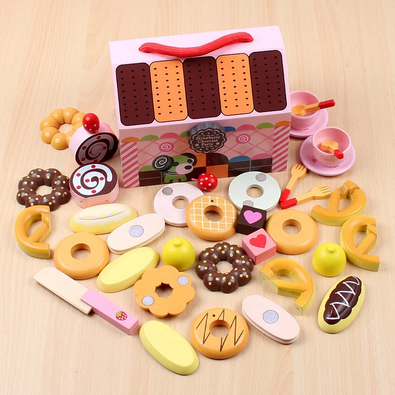 

Kids Wooden Bakery Play House Pretend Play Food Simulation Cake Donut Fruit Cut Toys Kitchen Food Afternoon Tea Toys Set