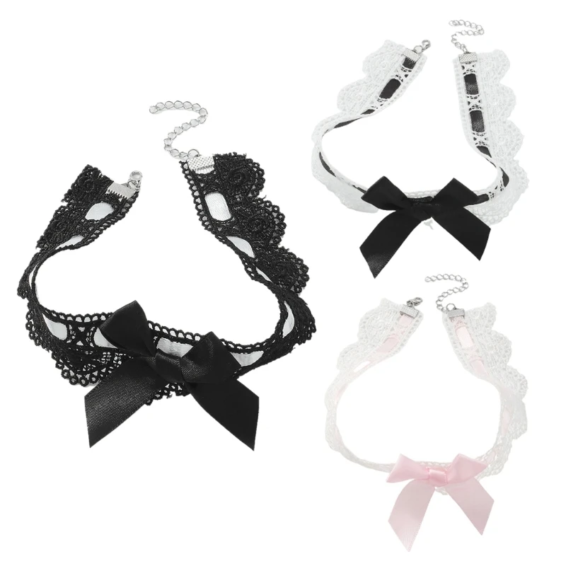 

Stretch Collar Chokers Ribbon Necklaces Cosplays Maid Collar Chain Lace Chokers Lace Bowknot Choker Necklaces with Bow