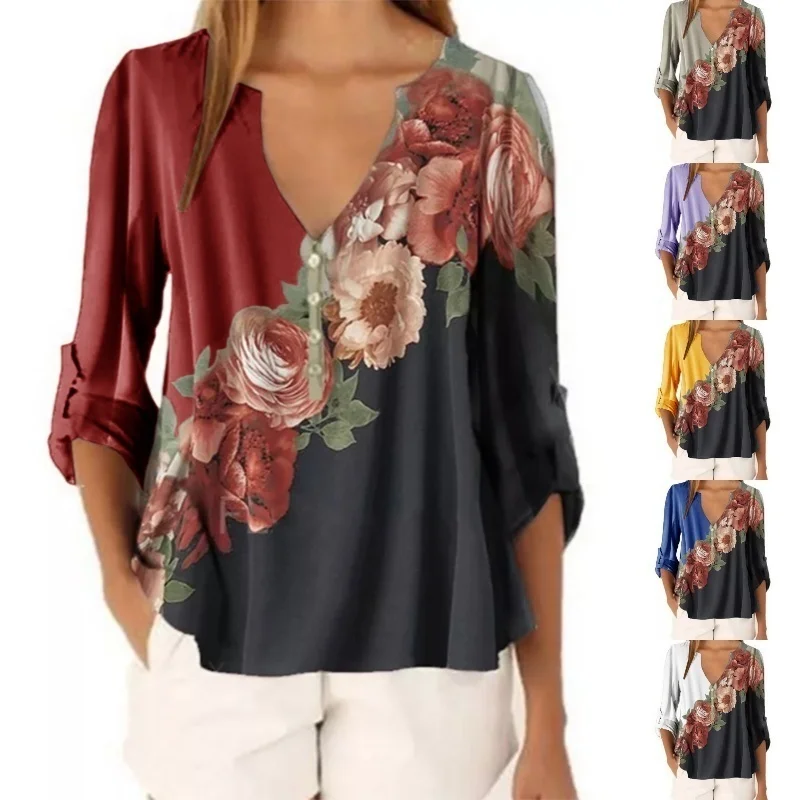 XS-5XL Women's Fashion Summer Floral Print Front 3/4 Sleeve Tops V-Neck Pullover Shirts