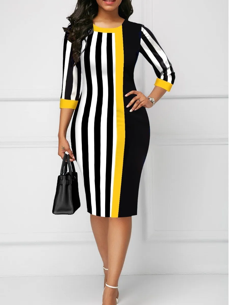 

LW Striped Patchwork Bodycon Dress Sexy Women Long Sleeve Round Neck Bodycon Maxi Dress evening party dress sexy dress for women