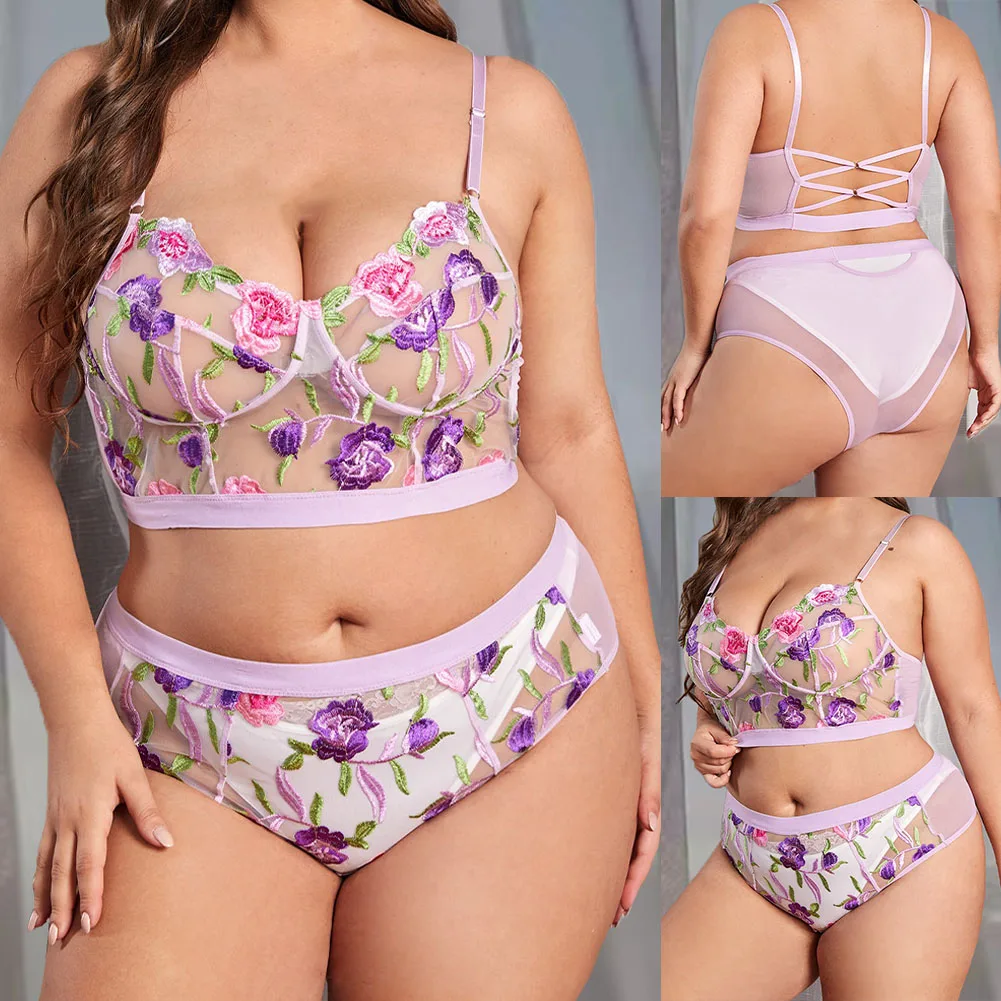 

Plus Size Women's Sexy Lace Embroidery Garters Lingerie Underwear Seamless Wireless Plunge Female Push Up Bra Knickers Set