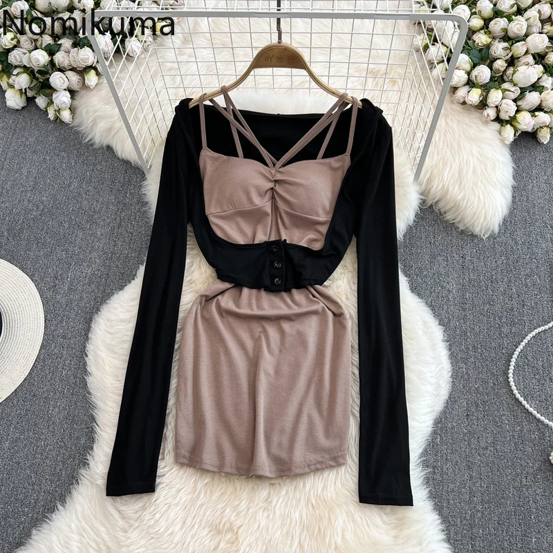 

Комплект из 2 предметов Nomikuma, облегающие однотонные простые комплекты из юбки с высокой талией, элегантные модные юбки