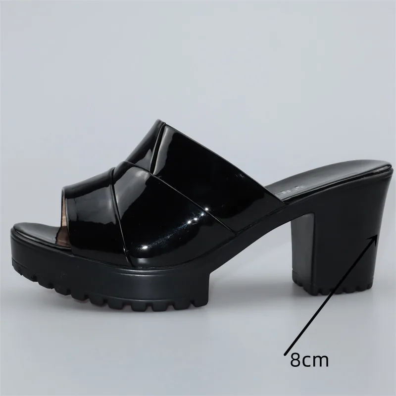 Plus Size 32-43 Patent Leather Shoes Summer Platform Slippers Women 2023 Red Block High Heels Slides for Wedding Office