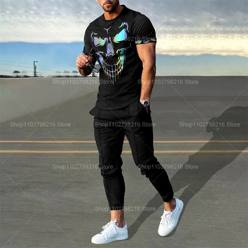 

Summer Men Tracksuits Clothing Trousers Smiley Face 3d Printed Short Sleeve T Shirt+Long Pants 2 Piece Sets Outfits Streetwear