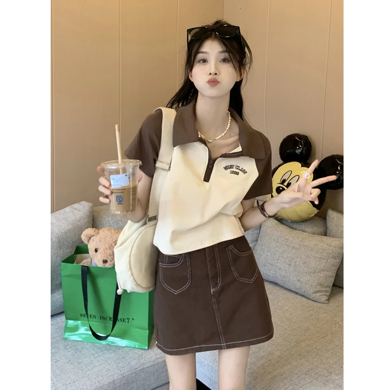 

Женская рубашка-поло с коротким рукавом, в стиле ретро