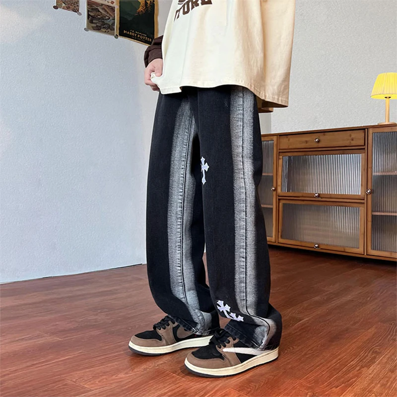 Mens Trousers Retro Cross Patch Distressed Straight Jeans Pants High Street Streetwear Fashion Loose Washed Denim Pants Unisex