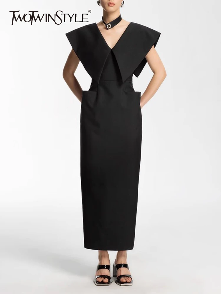 

TWOTWINSTYLE Solid Slimming Dresses For Women V Neck Sleeveless High Waist Patchwork Pockets A Line Dress Female Fashion 2023