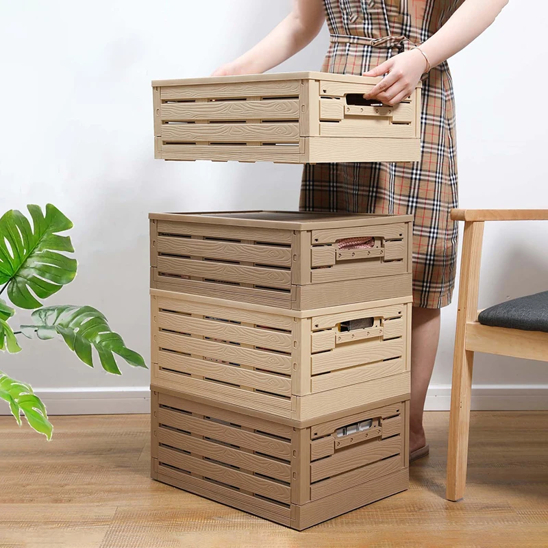 

Складные пластиковые органайзеры из имитации дерева, пыленепроницаемый контейнер для хранения одежды, мелочей, игрушек, корзина для белья, контейнеры с крышками