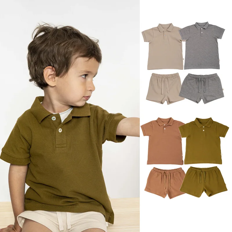 2022 New Fashion Baby Clothing Set Turn-down Collar Baby Boy Girl Clothes Solid Color Cotton Short-sleeved Two-piece Set