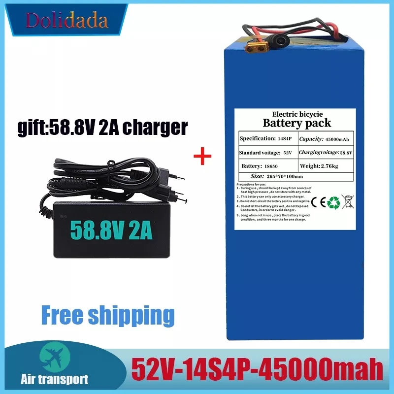 

Hoge Capaciteit 52V 14S4P 45000Mah 18650 1000W Lithium Batterij Voor Balans Auto, elektrische Fiets, Scooter, Driewieler