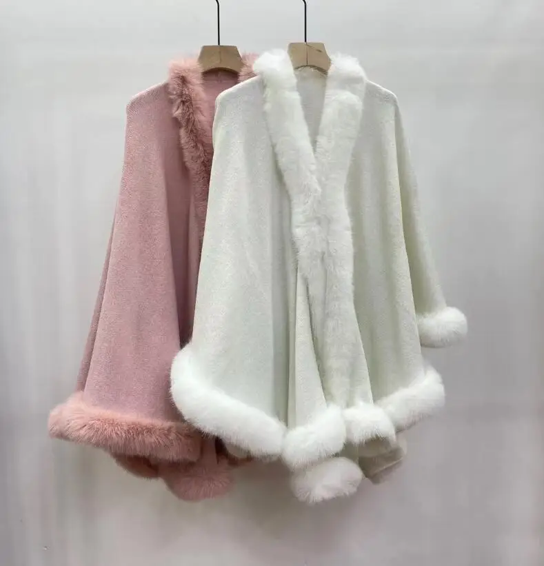 

3 Colors Oversize Bright Silk Faux Cashmere Fur Collar Poncho Coat Big Pendulum Cappa Women Winter Outwear Batwing Shawl Cloak