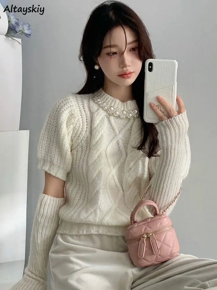 

Pearls Pullovers Women Solid O-neck All-match Knitting Spring Ulzzang Short Sleeve Elegant Loose Casual Trendy Streetwear Female