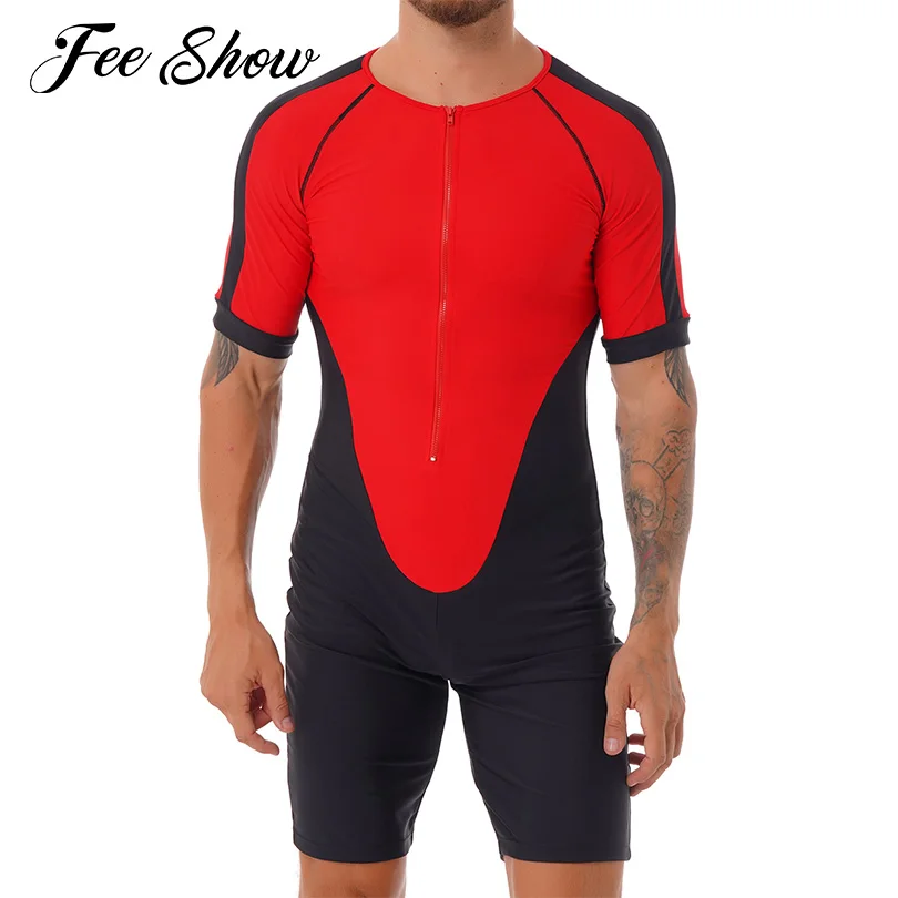 

Men Short Sleeve Front Zipper Stretchy Jumpsuit Sport Bodysuit Gymnastic Fitness Body Suit One Piece Rash Guard Bathing Swimwear