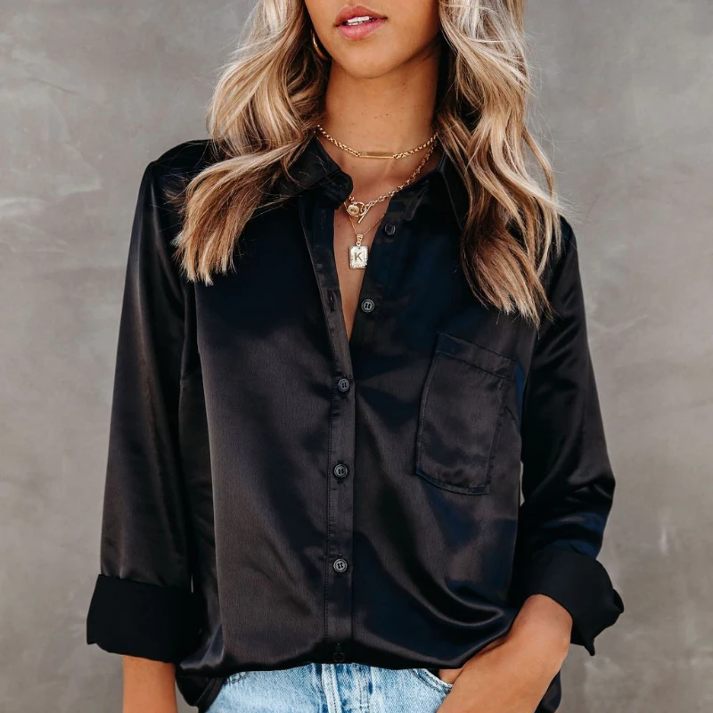 

White Silk Blouses Women Fashion Office Lady Tops White Satin Elegant Blouse Women Casual Fashion Loose Black Shirts Woman 24259