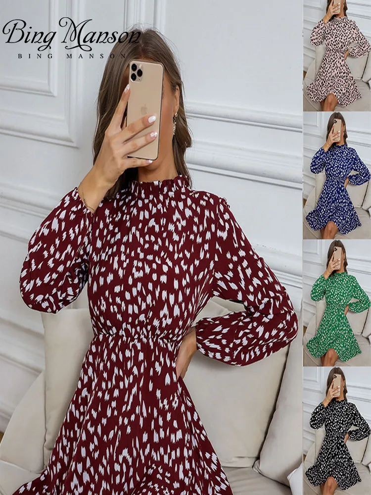 

2022 New Slim Waist Tight Print Dress Summer Three Seasons Petal Sleeves Lotus Leaf Collar Chiffon Pullover Mid Skirt Women's Fa