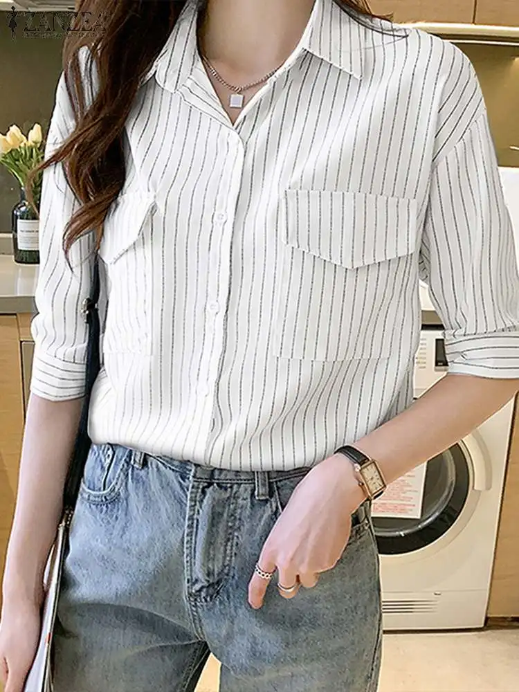 

Модная женская рубашка ZANZEA с рукавом до локтя, повседневные корейские Блузы с отложным воротником, женская блузка с принтом в полоску, элегантные офисные Блузы
